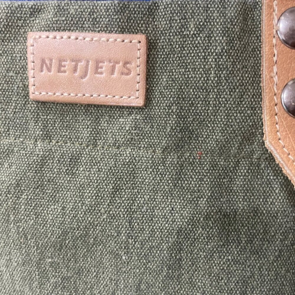 MILITARY GREEN CANVAS LEATHER TOTE BAG NETJETS BRAND - Picture 3 of 16